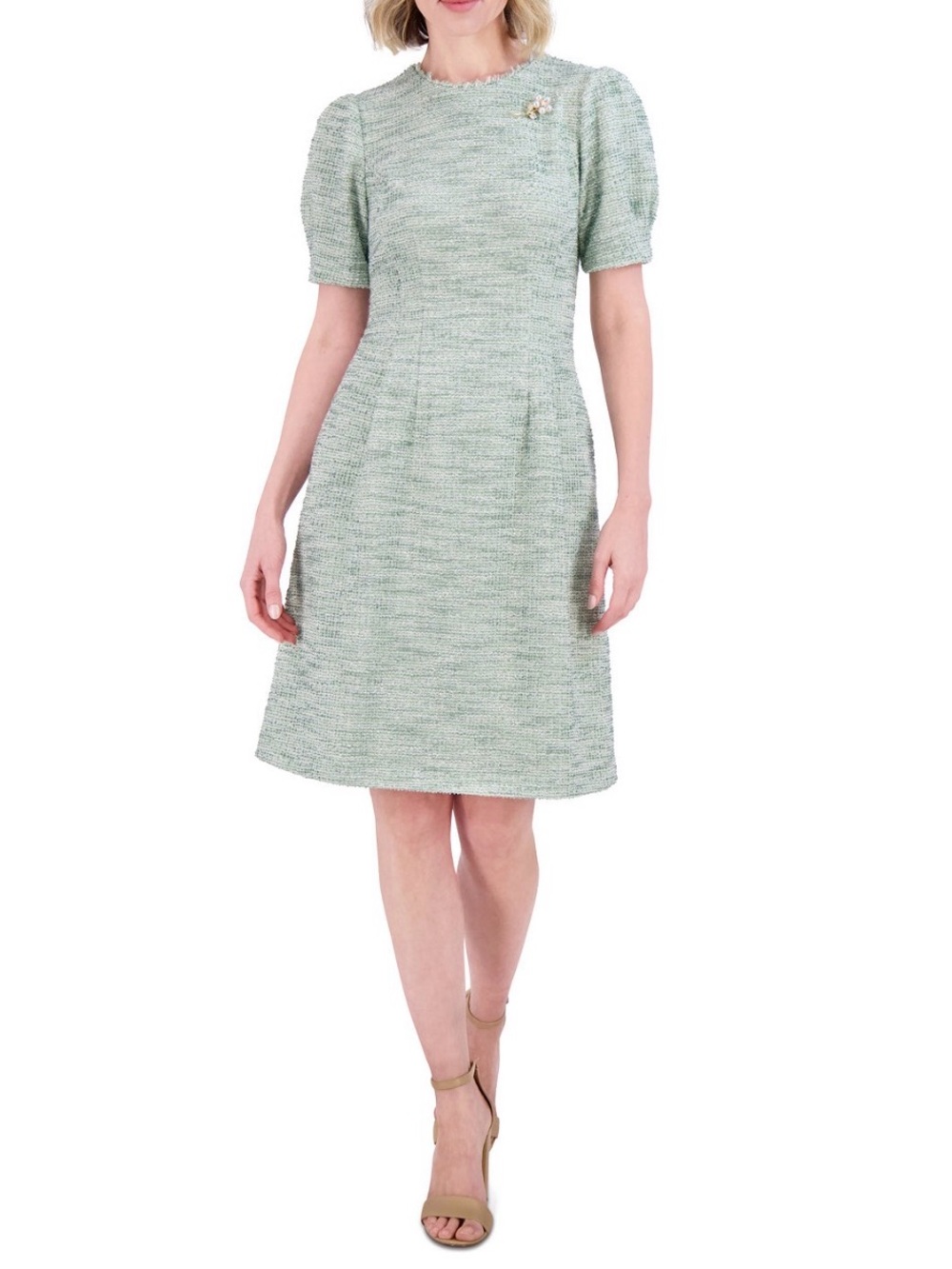Jessica Howard Mint Tweed A-Line Dress with Puff Sleeves Fit & Flare Sz 10 New